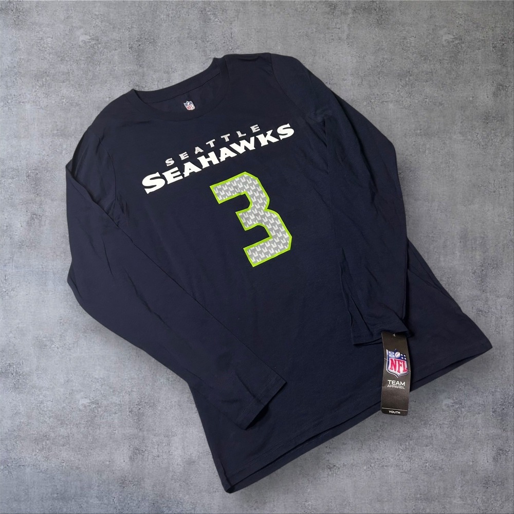 NEW Seattle Seahawks T Shirt Youth M 10/12 Blue NFL Russell Wilson 3 Long Sleeve